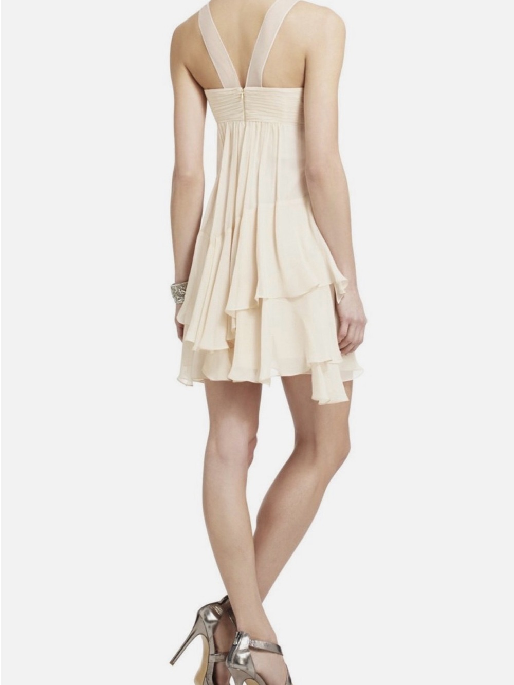 👗BCBGMaxAzria Joyce Cream Chiffon Tiered V-Back Cocktail Dress